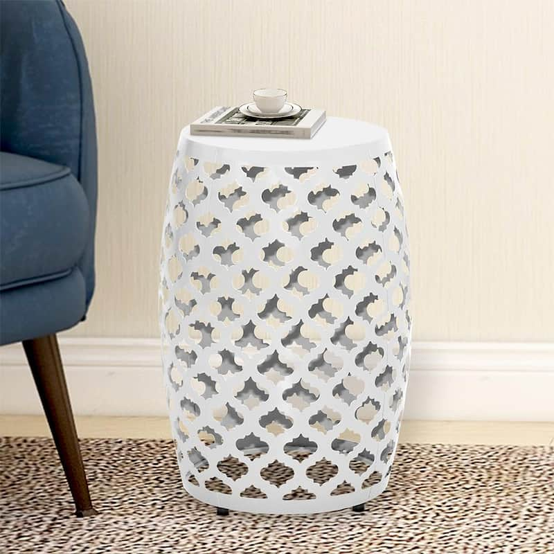 12.25 in. W x 17.75 in. H White Geometric Cut Iron Drum Accent Table