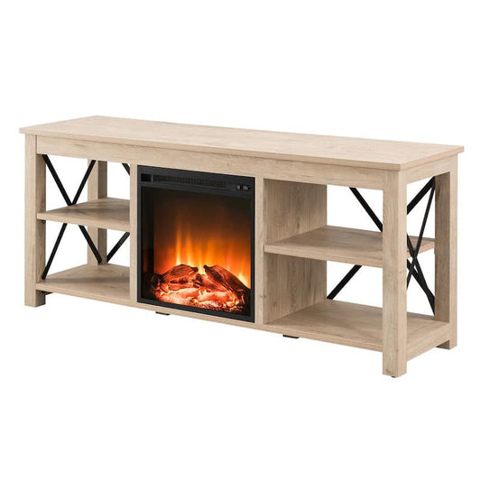 Sawyer 58 in. White Oak TV Stand with Log Fireplace Insert