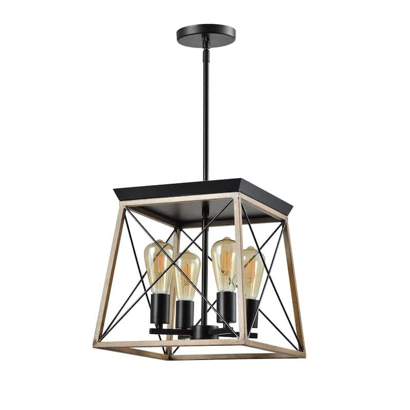 Springfield 4-Light Woold/Black Lantern Geometric Chandelier with Wrought Iron Accents