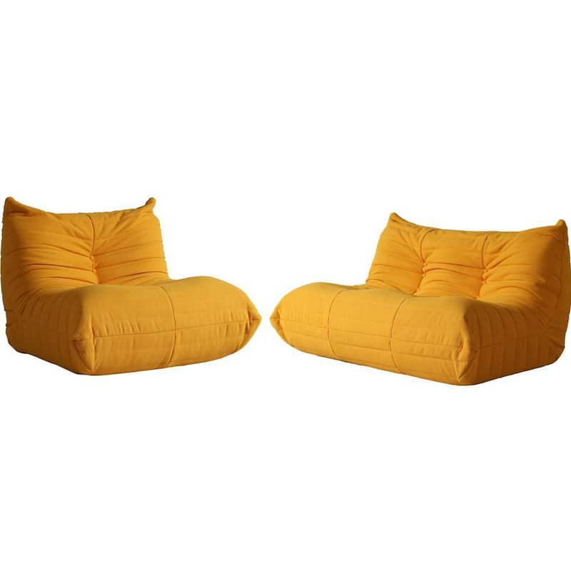 2 Pieces Bean Bag Teddy Velvet Top Thick Seat Living Room Lazy Sofa in Yellow (1 Seater + 2 Seater)